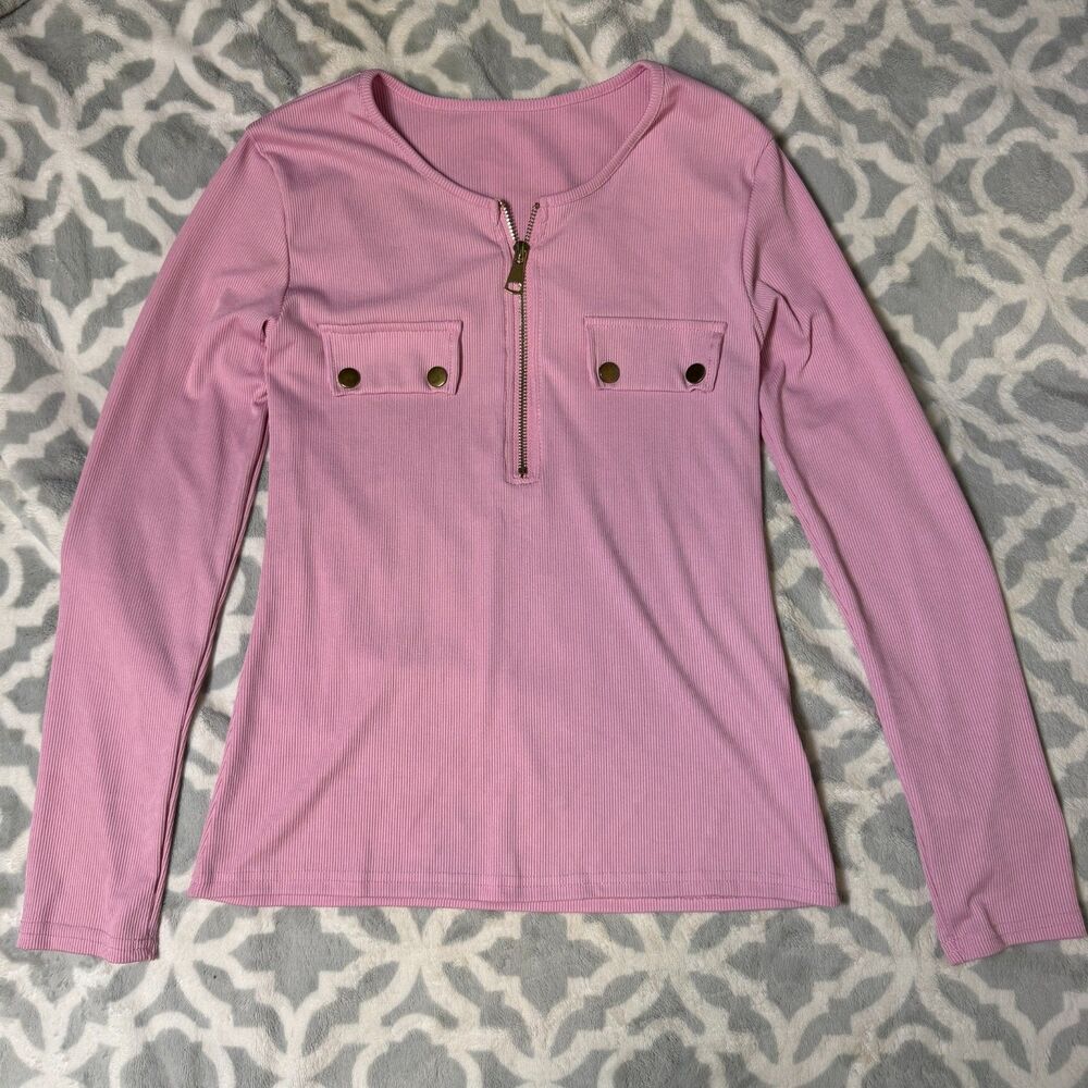 Light Pink Ribbed Zip Front Top Womens Small Gold Accent Long Sleeve Shirt